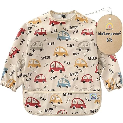 ARI MES Long Sleeves Waterproof Baby Bibs for Eating - Cars, Small - Wearable, Coverall for Toddler, Long Sleeve Bib, Smock Apron for Feeding - Applicable for 6-72 Months