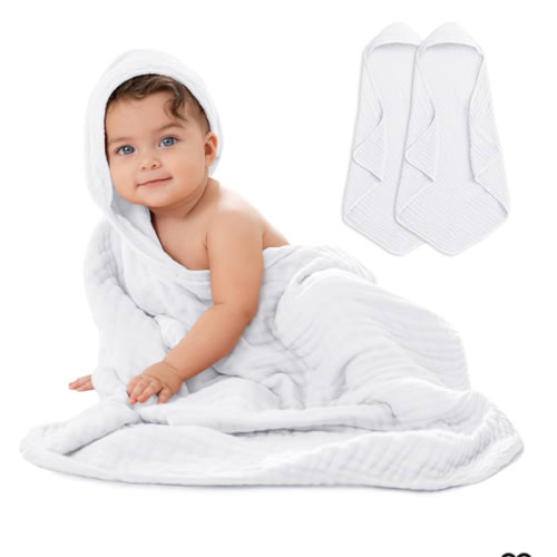 Comfy Cubs Hooded Baby Towel 2-Pack, Large 32 x 32 Inch - 6 Layer 100% Muslin Cotton for Babies, Toddlers and Kids - Soft & Absorbent Baby Bath Towels - Unisex Design for Bath Time - White