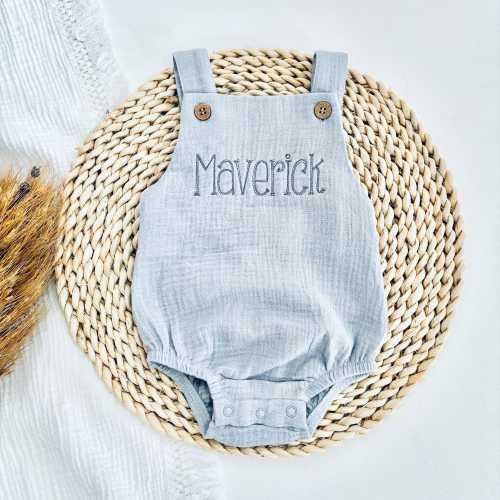 Summer Baby Boy Outfit, Hand Embroidered Baby Shirt, Personalized Baby Romper, Gift For New Baby Boy, Muslin Organic Cotton Baby Outfit