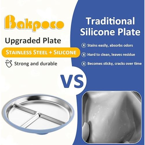 Stainless Steel Toddler Plate with Suction, 9” Divided Plates with Removable Silicone Sleeves for Kids, Non Toxic & BPA Free | Non Slip | Unbreakable Baby Snack Dishes Set of 2, Blue & Gray