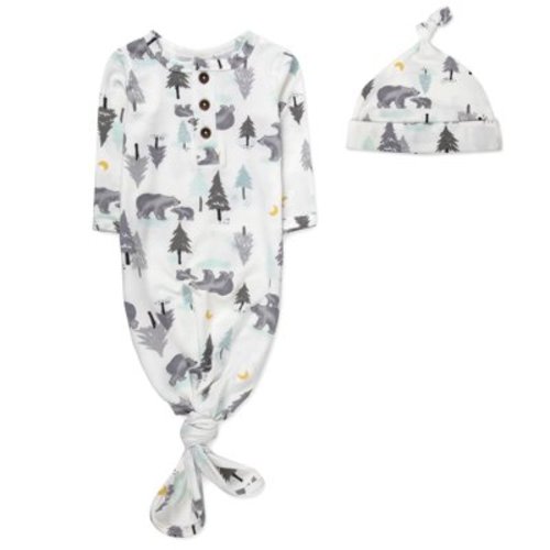 Baby Essentials Long Sleeve Knotted Patterned Sleeping Gown with Matching Night Cap for Newborn Infants 0 - 6 Months for Sleep, Cuddling, Swaddling and Lounge in Woodland Bears