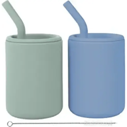 WeeSprout Silicone Baby Cups With Straws and Lids, 4 & 8 oz Options, Set of 2, Food Grade Toddler Training Container, Built In Straw Stoppers, Measurement Markings, Dishwasher Safe + Straw Cleaner