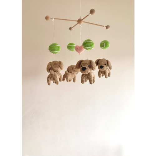Crochet puppy baby mobile , Crochet dogs play with tennis balls baby nursery, dogs baby mobile, cute gift for baby and dog lovers