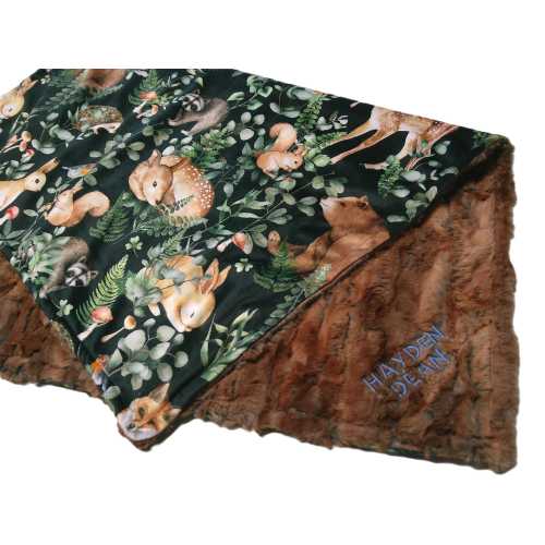 Woodland Animals Baby Blanket, Personalized Forest Friends Green Foliage Bedding, With Ruffle Option