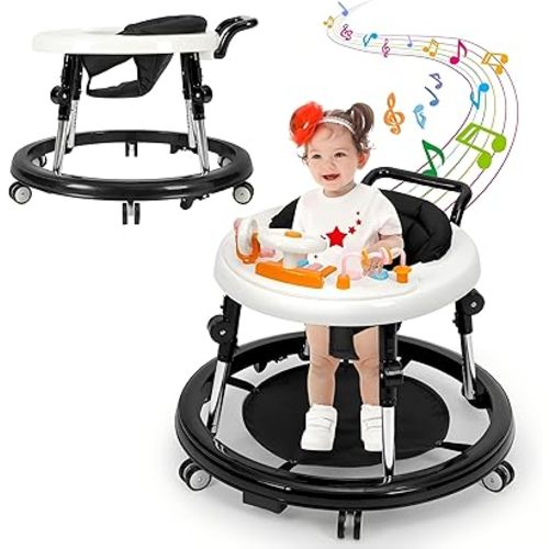Music and Lights Baby Walker Foldable with 9 Adjustable Heights, Baby Walker with Wheels Portable, Baby Walkers and Activity Center for Boys Girls Babies 7-18 Months