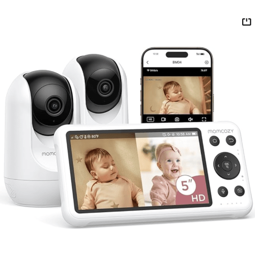 Momcozy BM04 Smart WiFi Baby Monitor with 2 Cameras, 5" 1080P Split Screen Video Baby Monitor with Camera and Audio, Motion Detection, Electric Fence, Clear Night Vision, 2-Way Audio, 5000mAh Battery