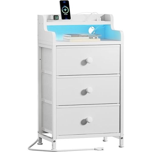 REAHOME Nightstand with Charging Station, Tall White Night Stand with 3 Drawers and 2-Tier Shelf, Bedside Table with Sturdy Steel Frame Wood Top for Bedroom, Living Room, Hallway-White