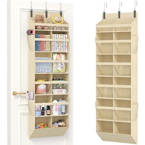 Lifewit 1 Pack Over the Door Organizer, 12 Section Clear Window Hanging Storage with 4 Side Pockets, Sturdy Anti Tilt 40 lbs Load Behind Door for Closet, Bedroom, Bathroom, Nursery, Dorm, Beige