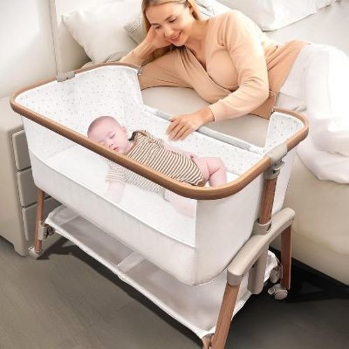 Motherly Haven Baby Bassinet Bedside Sleeper, Portable Crib for Newborns, Adjustable 7-Height Auto-Lock, with Wheels, Soft Mattress & Breathable Mesh