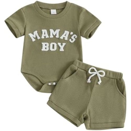 Douhoow Baby Boy Summer Outfits Short Sleeve Mamas Boy Little Dude Embroidery Boy Romper Shorts Set Infant Waffle Clothes