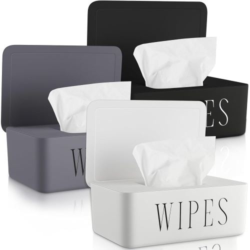 3 Pack Baby Wipes Dispenser Refillable Wipe Holder with Lid Toilet Container for Bathroom Tissue Paper Storage Box for Home Office Cars(Small,Black, White, Gray)