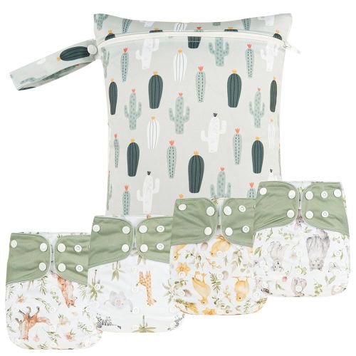 HappyFlute 9 Sets Newborn Baby Cloth Pocket Diapers Adjustable Reusable for Baby Boys and Girls(6-33 pounds,0-3 Years),One Wet Bag+4Diapers and 4Inserts (AD10)