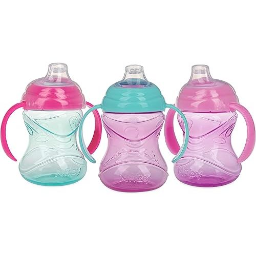 Nuby Clik-It Grip N' Sip Soft Spout No-Spill Training Sippy Cup with Handles - (3-Pack) 10 oz - 4+ Months - Aqua/Purple/Pink