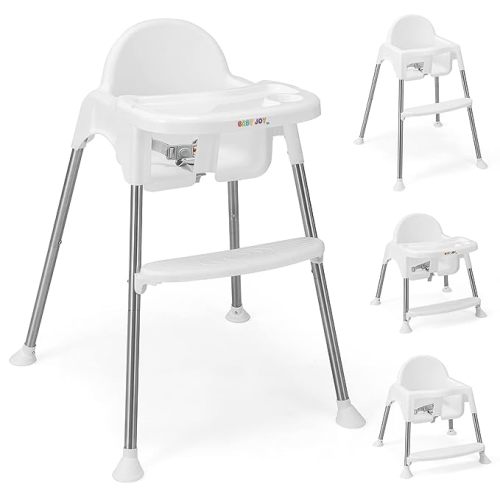 BABY JOY Baby High Chair, 4 in 1 Convertible Highchair for Babies & Toddlers with Adjustable Legs, Double Removable Tray, Safety Harness & Footrest (White)