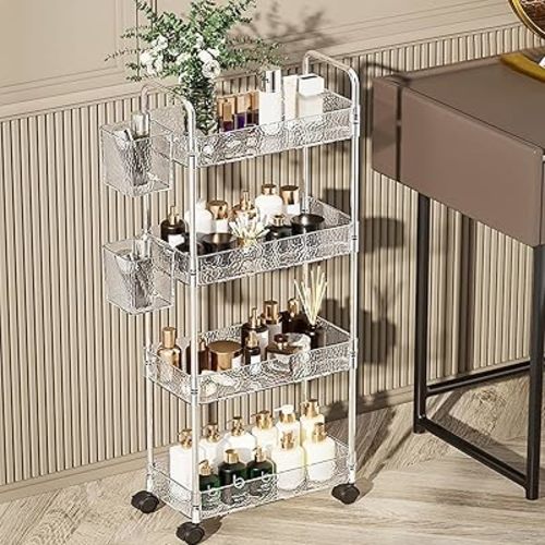 Storage Rolling Cart Clear Bathroom Cart Organizer, Transparency Laundry Room Organization Mobile Shelving Unit Multifunction Rolling Utility Cart for Office Living Room (4-Tier Ripple Style)