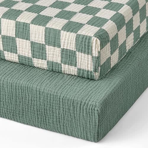 Blissful Diary Muslin Mini Crib Sheets, Pack and Play Mattress Sheets Fitted for Pack N Play, Soft Cotton for Boys Girls, 2 Pack(Sage Checkboard & Sage Green)