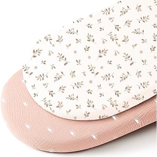 Konssy Muslin Bassinet Sheets for Baby Girl Boy, 2 Pack Soft Breathable Baby Bassinet Mattress Sheets Fit for Hourglass Oval Cradle, Moses Basket Rectangle Mattress (Pink Sun,Brown Leaf)