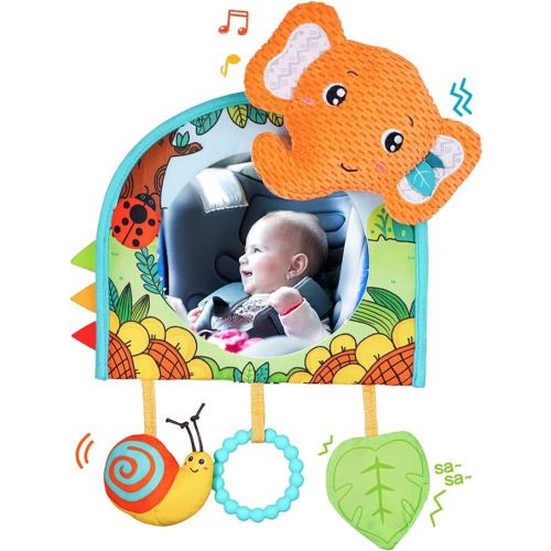 Car Seat Toys, Baby mirror Toy for car, baby car toys Rear facing, Mirror,Teether and Crinkle Paper, Fun Travel infant car seat toy for Rear face, Tummy Time Toys with Newborns, Babies carseat toy - Orange Elephant
