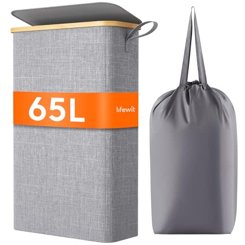 Lifewit 65L Slim Laundry Hamper with Lid, Narrow Laundry Basket with Removable Bag & Bamboo Handles, Fodable Thin Dirty Clothes Hamper for Laundry Collapsible Bin for Bathroom Bedroom Dorm, Gray
