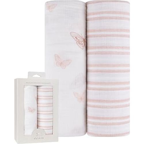 Ely's & Co. Muslin Swaddle Blankets 2-Pack for Baby Girl, 100% Cotton Muslin Extra Large Swaddle Receiving Blankets, 47”x47” (Pink Butterflies + Stripes)