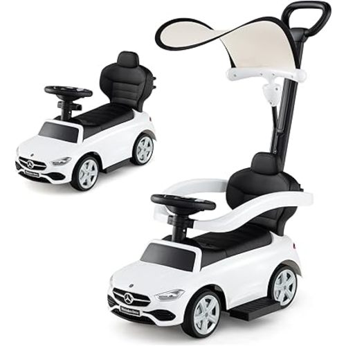 Costzon Push Car for Toddlers, 3 in 1 Mercedes Benz Stroller Sliding Walking Car w/Canopy, Handle, Safety Bar, Horn Sound, Underneath Storage, Foot-to-Floor Ride On Toy for Boys & Girls, White