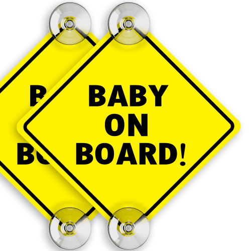 Assured Signs Baby on Board Car Sign with Suction Cups | 2 Pack | 5 x 5" | Yellow |