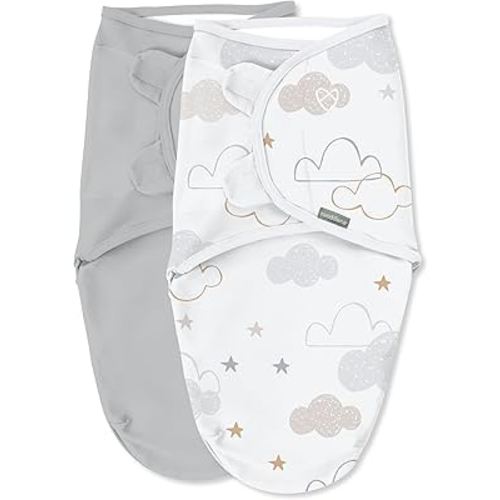 Ingenuity SwaddleMe Original Swaddle, 100% Cotton, Improves Sleep & Calms Startle Reflex, 0-3 Months, 1.0 TOG, 2-Pack, Baby Swaddle Blanket - Space & Clouds