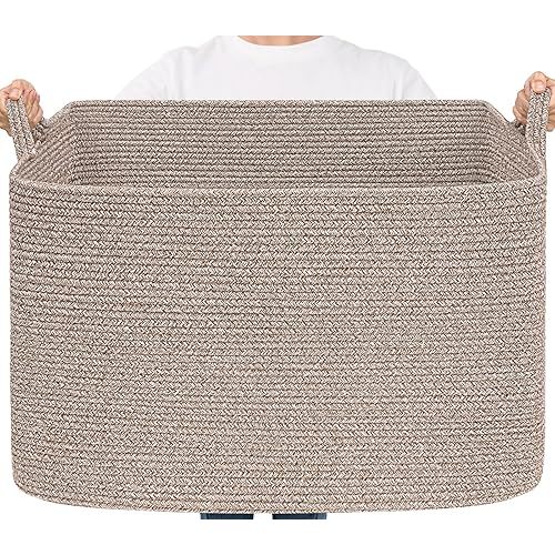 Goodpick 105L Large Woven Storage Basket, Rectangle Cotton Rope Basket for Blankets, Clothes, Oversized Toy Storage Organizer for Living Room, Nursery, 25"x16"x16", Brown