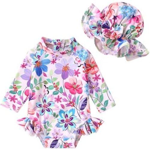 Infant Baby Girl Swimsuit One-Piece Long Sleeve Rash Guard with Hat Set Floral Zipper Bathing Suit Leopard Beach Wear
