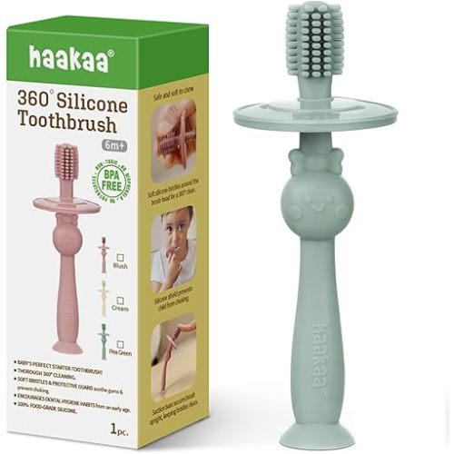 haakaa 360° Baby Toothbrush with Suction Base - Gentle Cleaning for Infant Self-Brushing Training, Food-Grade Silicone, Adjustable Safety Shield - Pea Green (1 Piece)