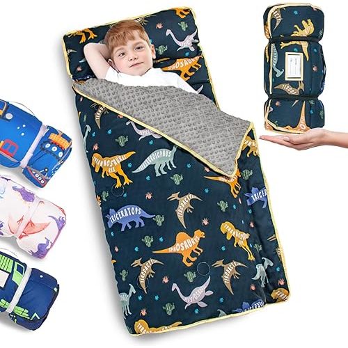 Primlect Thickened Toddler Nap Mat with Removable Pillow and Minky Blanket, Extra Large 55''x35'' Sleeping Bag, Washable, Roll up, Perfect for Daycare, Preschool, Kindergarten, Boys and Girls Dinosaur