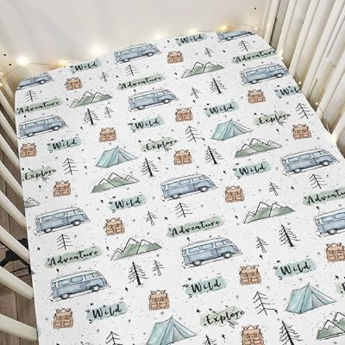Adventure Camping Summer Baby Crib Sheets for Boy Girl 28"x52" Boho Camp Car Trees Forest Soft Snug Fitted Crib Mattress Covers Nature Wildlife Baby Sheet for Standard Crib and Toddler Bed Mattress
