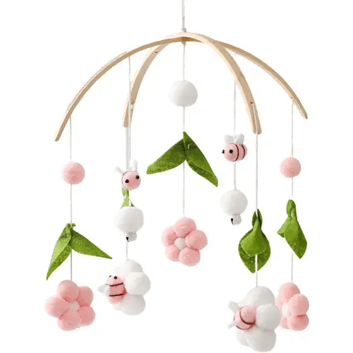 OESSUF Baby Mobile for Crib, Crib Nursery Mobile for Boys Girls, Boho Bee Flower Nursery Decor Soothe Toy Baby Shower Set for Infant Bedroom Hanging Decoration Toy, Pink