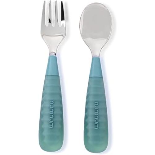 NumNum Toddler Utensils, Pre-Spoon, Fork & Spoon GOOtensils - 4th Stage Silverware Feeding Kids Aged 2+ Years w/Stainless Steel Heads - Silicone Food Feeding Supplies - Set of 2, Sea Green