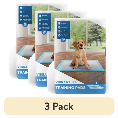 (3 pack) Vibrant Life Training Pads – Super Absorbent, Leak Proof, & Fast Dry Dog and Puppy Pee Pads – L 22 in x 22 in, 50 Count