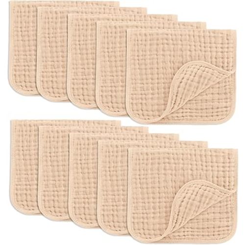 Comfy Cubs Muslin Burp Cloths 20" x 10", Pack of 10 - Large, 6-Layer, Ultra Absorbent 100% Cotton for Baby Drool and Messes - Soft, Safe & Gentle Baby Burp Cloths for Boys & Girls - Cream