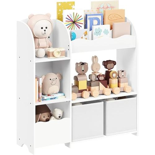 SONGMICS Toy and Book Organizer for Kids, Kids Bookshelf and Toy Storage, Storage Organizer with 2 Storage Boxes, for Playroom, Children's Room, Living Room, Cloud White UGKR042W01