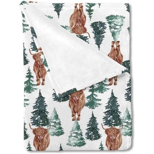 HawSkgFub Winter Christmas Highland Cow Baby Blanket Boy Girl Gift, Pine Tree Western Farm Animal Flannel Fleece Nursery Bed Blankets, Soft Lightweight Newborn Infant Toddler Kid Crib Bedding 30 x 40