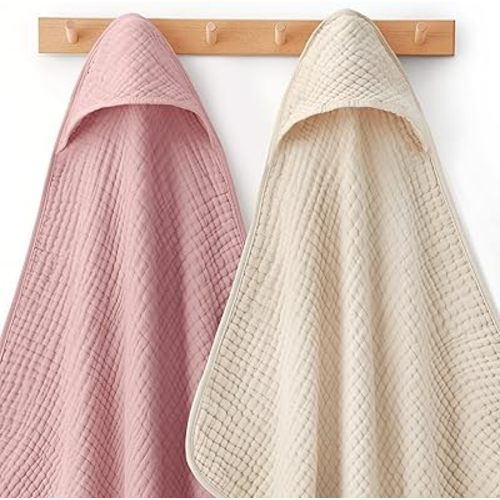 Looxii Baby Bath Towels 2 Pack Muslin Hooded Baby Towels for Newborn and Infants, 100% Cotton, Large 32x32Inch, Soft and Absorbent Beige+Pink
