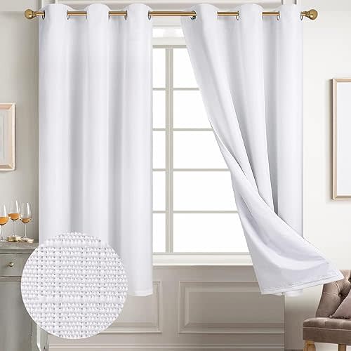 Diraysid 100% Blackout Curtains White Linen Curtains for Bedroom Grommet Thermal Insulated Room Darkening Drapes (2 Panels, W42 x L72 Inch)