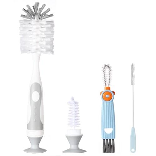 Ariseno 4-in-1 Baby Bottle Brush Set - Including Brushes for Bottles, Straws, Caps, & Nipples - BPA-Free (Grey)
