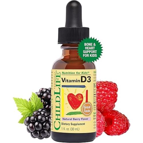 CHILDLIFE ESSENTIALS Vitamin D3 Drops - Vitamin D Drops for Infants, Baby Vitamin D Drops, Liquid Vitamin D for Kids, Toddlers 1-3, Children, 500 IU Per Serving - Natural Berry, 1 Fl Oz (Pack of 1)