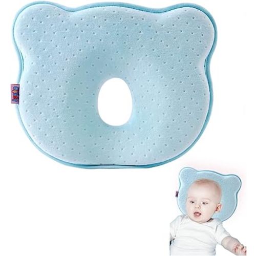 Memory Foam Baby Pillow, Portable Cartoon Bear Soft and Cozy Pillow, Breathable Bedding Set for Infants for Small Boys and Girls Prevent Flat Head (Blue)