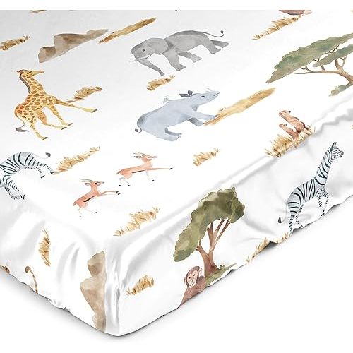 Sweet Jojo Designs Jungle Animals Boy Girl Gender Neutral Baby Satin Fitted Crib Sheet Infant Newborn Nursery Toddler Bed Room Standard Mattress Boho Wildlife Safari Gray Elephant Giraffe Lion Monkey
