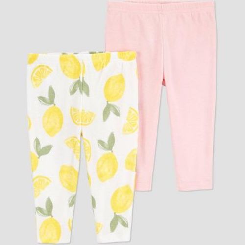 Carter's Just One You®️ Baby Girls' 2pk Pants - Pink/Yellow 3M: Cotton, Slim Fit, Lemon Pattern