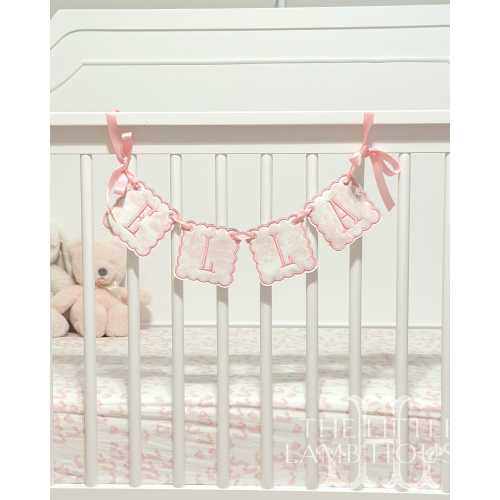 Personalized Pink Toile Name Banner – Baby Girl Name Garland for Nursery, Crib, or Baby Shower Decor – Custom Embroidered Appliqué Sign