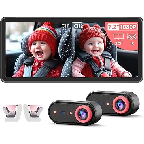 BM5PRO 7.2" Dual Camera Baby Monitor, 1080P HD Display for 2 Kids, Night Vision, Easy Install Car Baby Monitor, Ideal Gift, Rear Seat Safety for Babies & Pets