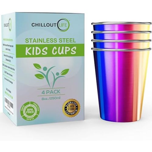 CHILLOUT LIFE Stainless Steel Cups 8 oz - Stainless Steel Sippy Cups for Home & Outdoor Activities, BPA Free Healthy Unbreakable Premium Metal Drinking Glasses (4-Pack) - UV Rainbow