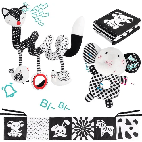 3 Pcs Car Seat Toys for Babies 0-6 Months,Black and White Baby Hanging Rattle Toys for Crib Mobile,High Contrast Baby Toys for Newborn Toys,Infant Sensory Toy Best Gift for 0-6 6-12months
