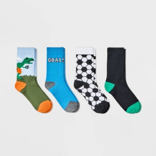 Boys' 4pk Dino Soccer Crew Socks - Cat & Jack™ Blue, Size: M